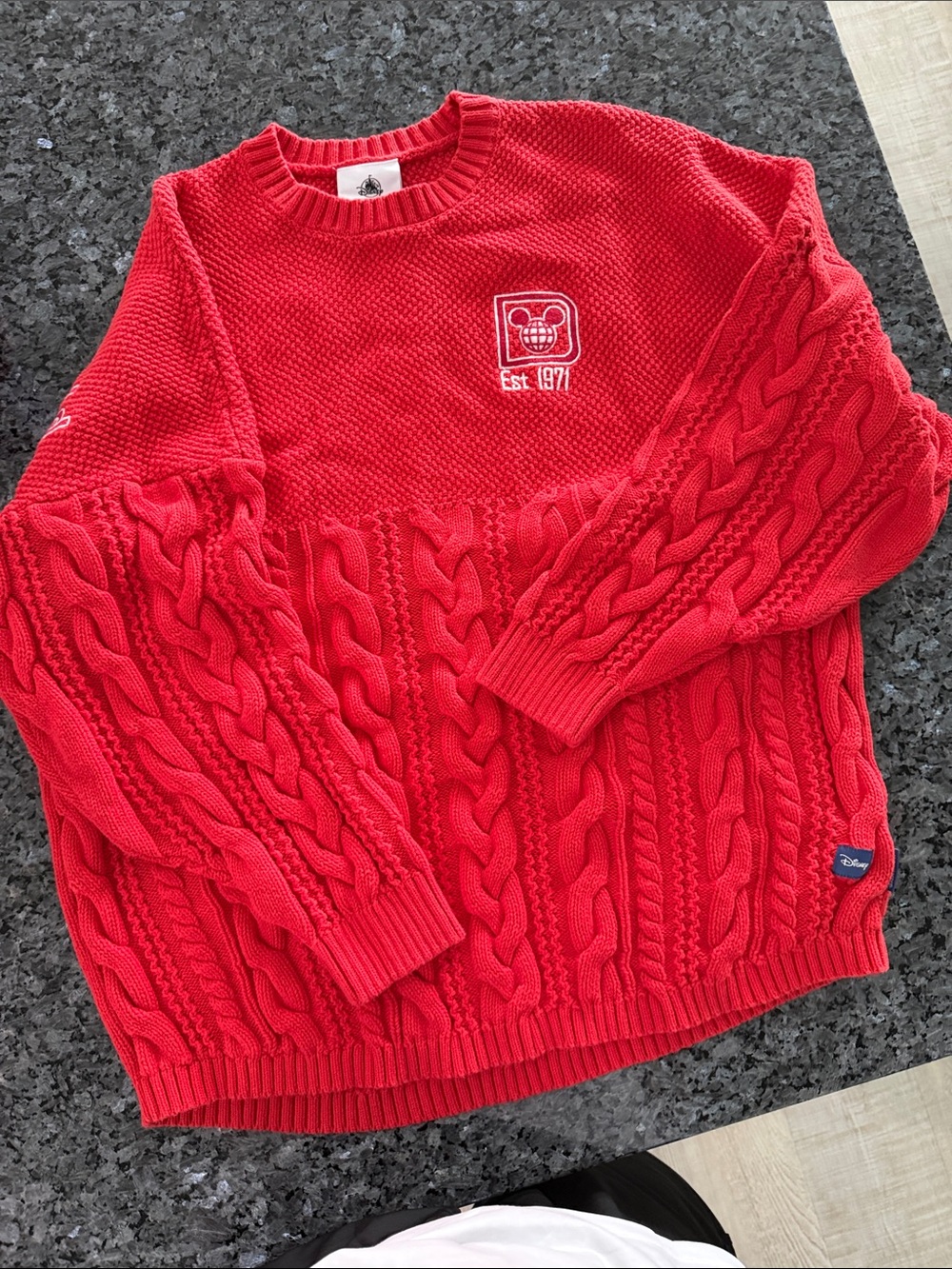 Disney Red Cable-Knit Crewneck Sweater with Embroidered Patch